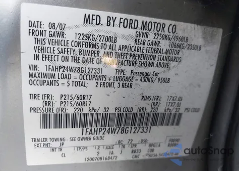 2008 Ford Taurus Sel from USA, damaged, VIN 1FAHP24W78G127331
